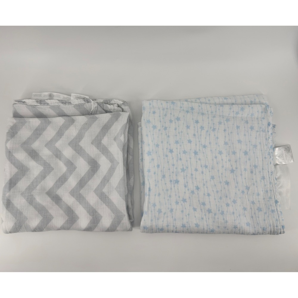 Comfy Cubs Muslin Swaddle Blankets 2 Pack Bamboo Cotton Chevron Stars Blue Grey